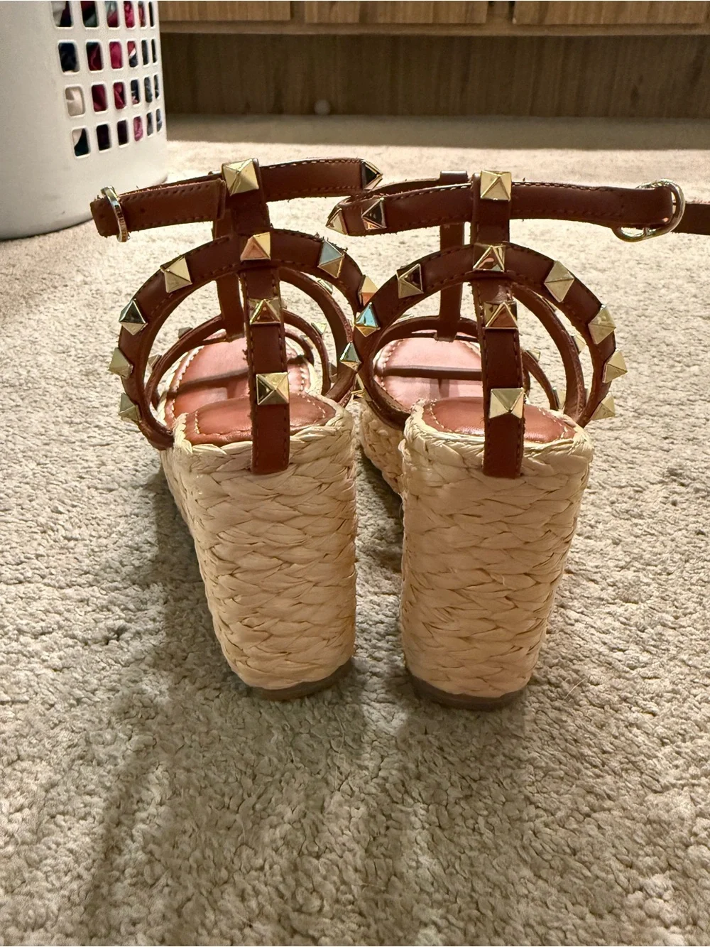 Valentino Tan Rockstud Espadrille Wedge Sandals